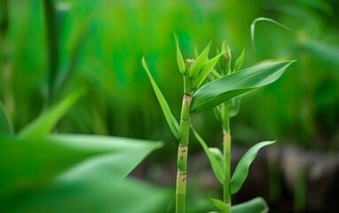  Green bamboo shoots grow against the background. AI, Generative AI