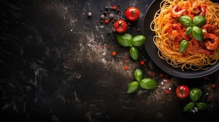 Poster - Seafood spaghetti shrimp cream sauce basil on black stone table