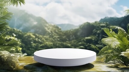 Poster - Product presentation on tropical forest white pedestal with sky view in 3D rendering