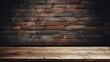 Photomontage or product display with empty brown wooden table and blurred old black brick wall backdrop