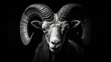 Ram Close Up Of Wild Big Horned Animal Black And White Isolated Head And Horns