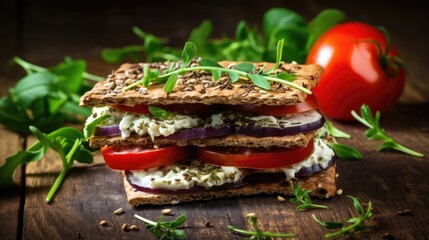 Aufkleber - Veggie crispbread sandwiches with garlic cream cheese roasted eggplant arugula and cherry tomatoes on a rustic background