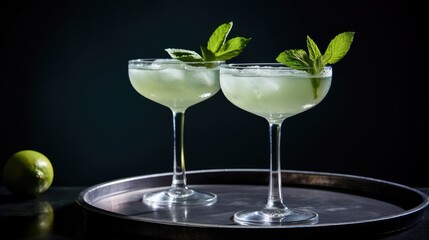 Poster - Two gin sorbet cocktails on a silver table Refreshing alcoholic drinks Focused on glasses