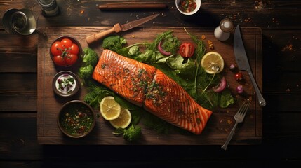 Aufkleber - Top down view of wooden table with grilled salmon salad and condiments