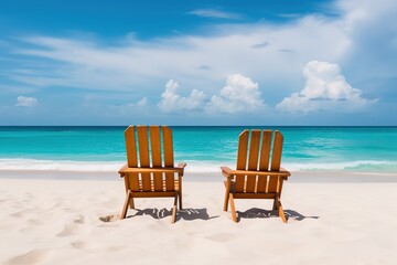 Poster - Two beach chairs on tropical vacation at sea