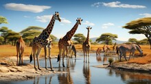 Wild Animals Spotted In Kenya On Safari Reticulated Giraffes And Zebras At Waterhole