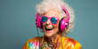 © Oleksandr - Studio portrait of an eccentric elderly woman listening to music on headphones. ai generative