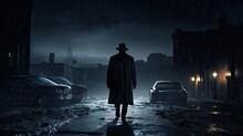 Noir Style Male Detective Coat Hat Rain Night Street Silhouette