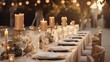 © vxnaghiyev - Outdoor wedding celebration with golden table decor floral arrangements candles and lighting