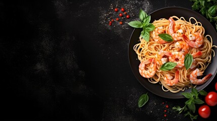 Poster - Seafood spaghetti shrimp cream sauce basil on black stone table