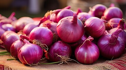 Poster - Selective focus image of fresh red onions for sale at an outdoor market in Bucharest Romania
