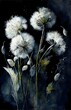 white dandelions watercolor painting aquarelle black background 