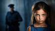 Young girl's intense gaze with blurred officer behind.