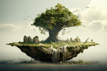 Wall Mural - big three growing on large flying island