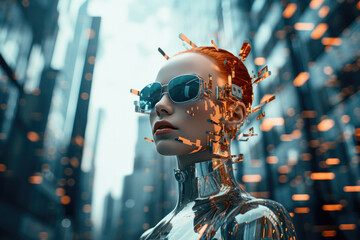 Wall Mural - Portrait of stylish futuristic cyborg woman with sunglasses on city street