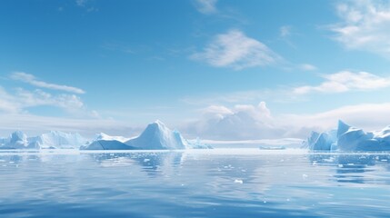 An island of white ice floats on the surface of the ocean's blue water. The ocean is serene. Blue and smooth water is present. The ice is white and transparent. The sky is unclouded