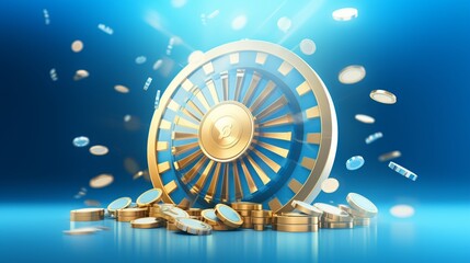 Vector 3d fortune wheel with golden flying coins on blue abstract background. Spin casino roulette and win prizes