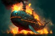 Mechanical Whale Army on fire Cyperpunk sea war epic 