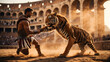 a gladiator fights a tiger in the coliseum