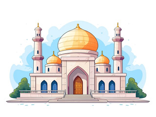 Wall Mural - A medium-sized mosque with a main dome and several minarets. Front elevation view. 2D flat illustration image.