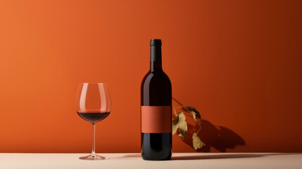 Wall Mural - Red wine bottle with a glass on a simple orange empty background