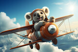 Fototapeta Zwierzęta - Cute koala animal flying by plane in the sky 3d rendering