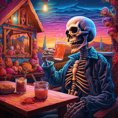 Wall Mural - Skeleton drinking beer halloween party - by generative ai