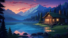 Sunset In The Mountains By The Lake Chalet - By Generative Ai