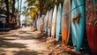 Colorful surfboards on the beach in Sri Lanka. Selective focus.