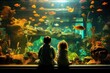 Children explore the wonders of the underwater world in the aquarium with amazement and curiosity.