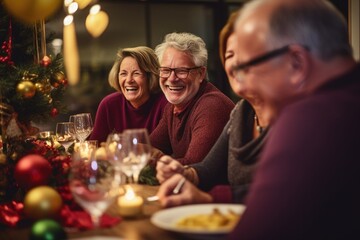 A joyful and cheerful holiday meal where friends and family come together, share a festive meal and enjoy togetherness during the holiday season.