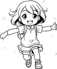 Poster - coloring page outline of a little girl playing with soap bubbles