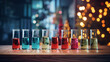 colorful test tubes on a wooden table with christmas lights