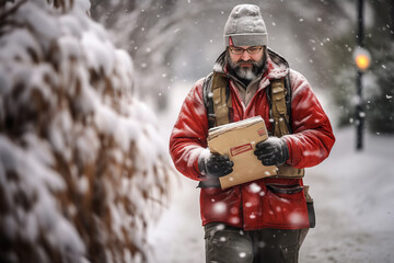 Poster - A mailman braves a snowstorm to deliver packages, highlighting the postal service's commitment to work in various weather conditions