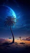 Night landscape, deserted beach, palm tree, view of the moon. Generation AI