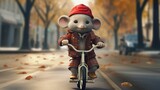 Fototapeta Do pokoju - A cartoon mouse riding a bike down a street