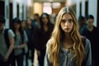 A solitary teenage girl stands in a school hallway, her eyes downcast, her posture and expression revealing signs of depression, stress, and the heavy weight of bullying.
