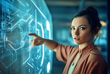 A woman interacts with a futuristic information wall filled with colorful lights and dynamic displays. Her pose conveys curiosity and engagement with the advanced technology and digital environment.