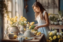 Portrait Of A Woman Doing With Flowers On A Table. Aesthetics Of A Cottage Settlement