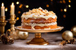 Christmas cake on golden cake stand