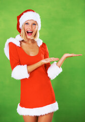 Canvas Print - Woman, santa and palm in studio with smile for festive holiday, celebration or advertising. Female person, Christmas hat and face on green background mockup for promotion, giveaway or present sales