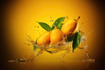 mango fruits with splashing water and yellow background