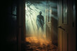 Suspenseful silhouette of a ghostly man in front of a frosted door, embodying mystery and fear.