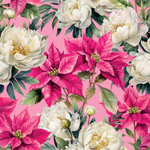 Seamless Vintage Christmas Vector Background With Pink Poinsettia And White Peony Flowers.