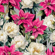 Seamless Vintage Christmas Vector Background With Pink Poinsettia And White Peony Flowers.