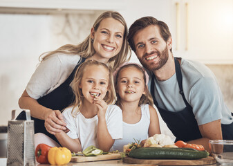 Wall Mural - Family portrait, smile and cooking food in kitchen with vegetables for lunch, diet and nutrition. Happy parents and children, food and ingredients for meal prep, healthy and teaching the kids at home