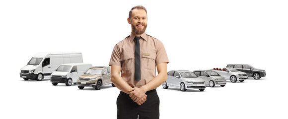 Wall Mural - Security guard standing in front of parked vehicles