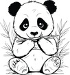 Cute panda bear sitting and holding bamboo leaves. Vector illustration.