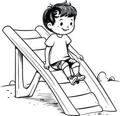 Boy playing on slide. Black and white vector illustration for coloring book.