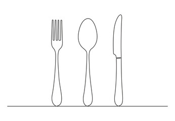 Wall Mural - Utensils set in continuous one line drawing style. Spoon, fork, steak knife one line art decorative. Vector illustration. Premium vector.